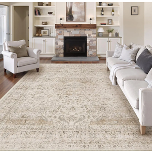 8x10 ft. Washable Beige Vintage Area Rug for Living Room Bedroom Large Traditional Low Pile Soft Carpet Non-Slip Thin Retro Distressed Accent Throw Rug for Dining Room Office Kitchen Indoor