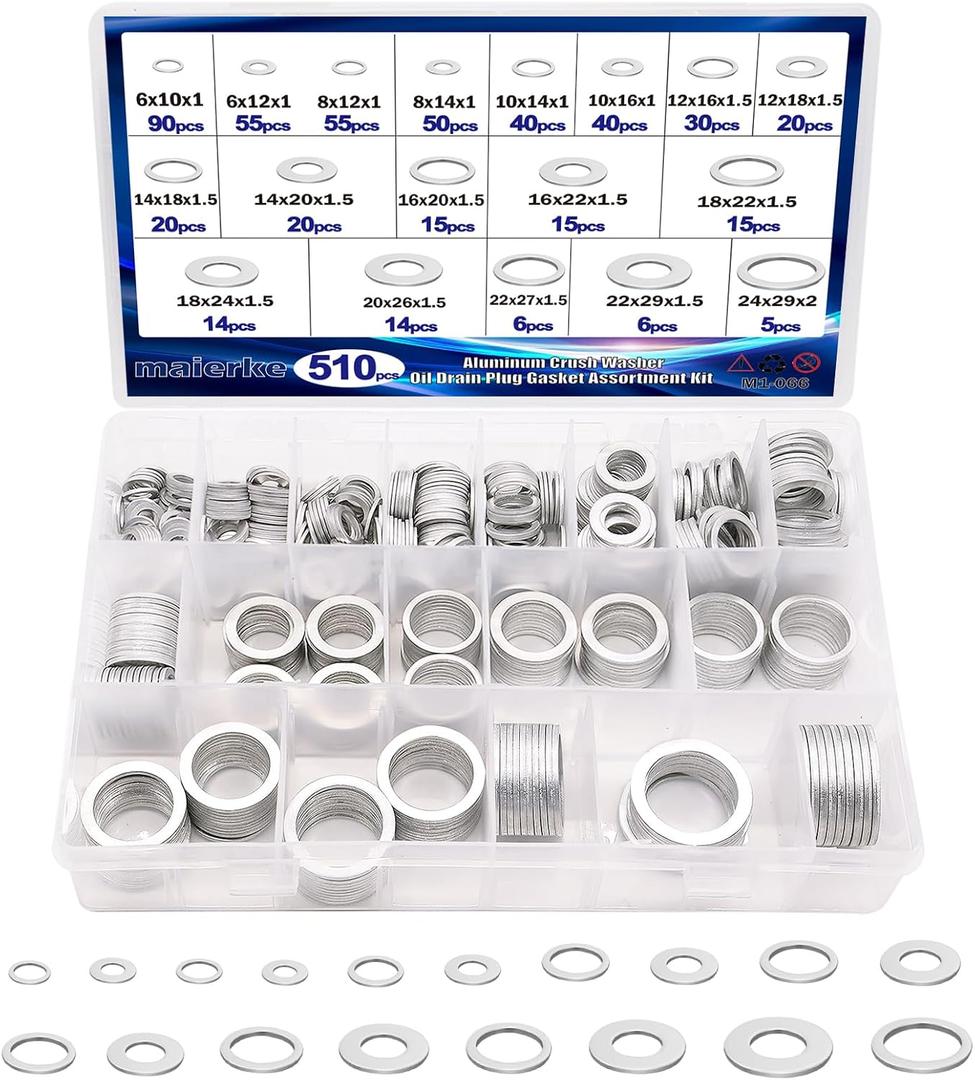 510PCS Crush Washer Oil Drain Plug,18 Sizes Aluminum Oil Drain Plug Gasket Assortment,Automotive Engine Crush Washers (M6 M8 M10 M12 M14 M16 M18 M20 M22 M24) (EXP 07/09/26)