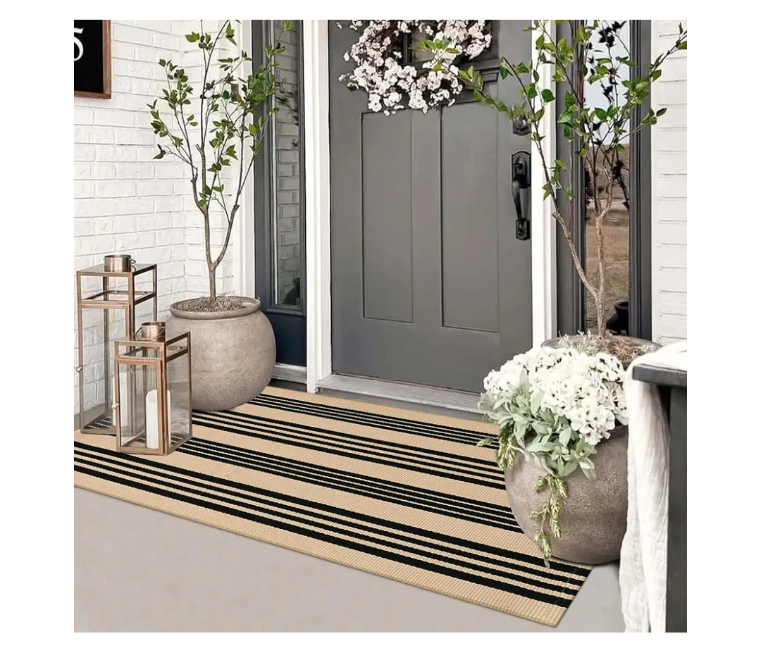 Striped Outdoor Fall Front Door Mat 24"x51", Cotton Hand Woven Washable Black and Khaki Rug Runner, Reversible Foldable Indoor Layered Front Door Rugs for Entryway/Farmhouse/Home Entrance