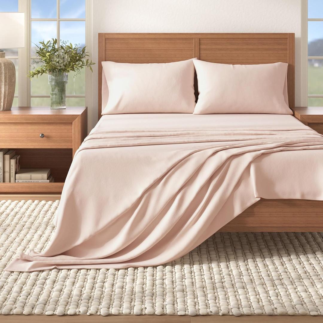 Great Bay Home Flannel Sheet Set California King Size - 100% Turkish Cotton, Double-Brushed, Winter Bed Sheets - Ultra-Soft, Cozy, 4-Piece Bedding Set (Blush Pink)