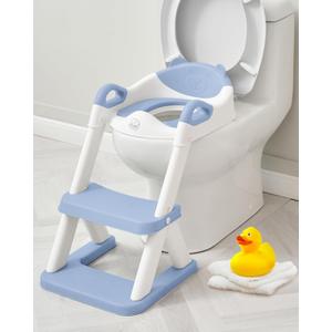 Forbena Boys Potty Training Seat with Step Stool Ladder, Toilet Potty Seat for Baby Boy Toddlers, Kids Chair Stairs with Handles and Soft Cushion (White and Blue)