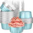 Mini Aluminum Foil Cupcake Baking Cups with Lids (40pcs, 5oz) Round Cupcake Foil Liners Tart Pie Tin Pan Holder - Disposable Mini Cake Containers Flan Molds for Pudding, Souffle, Party, Wedding (Blue)