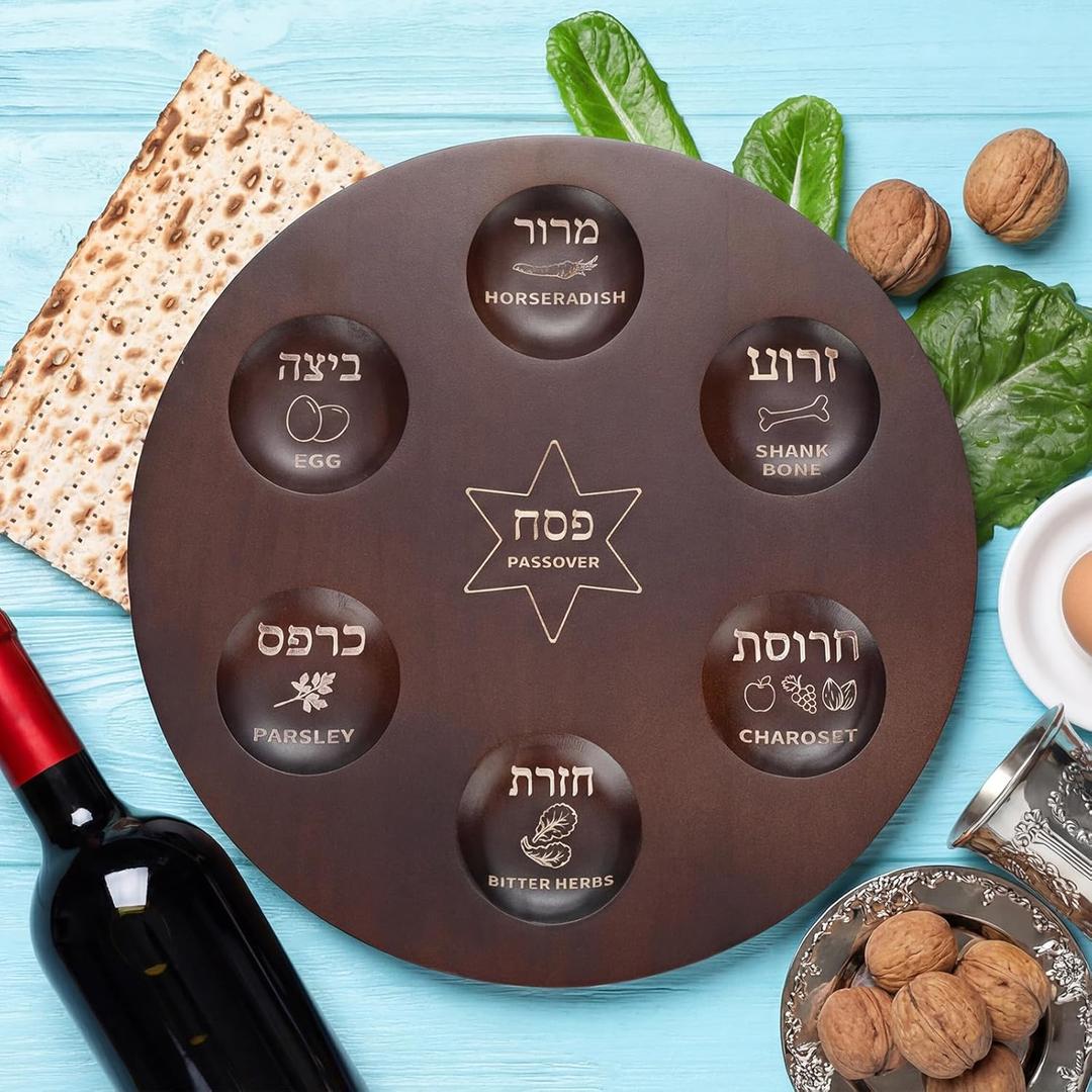 12 Inch Wooden Passover Seder Plate with Hebrew and English Etched Design with Sections for Seder Ceremonial Foods Passover Jewish Party Pesach Table Traditional Judaism Decoration