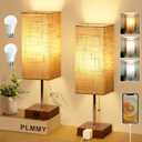 Bedside Table Lamp for Bedroom Nightstand, 3 Color Pull Chain Nightstand Lamps Set of 2 with AC Outlets, Square Gray Lampshade Bedside Lamp for Living Room, Office Desk, LED Bulb Included (15 inch)