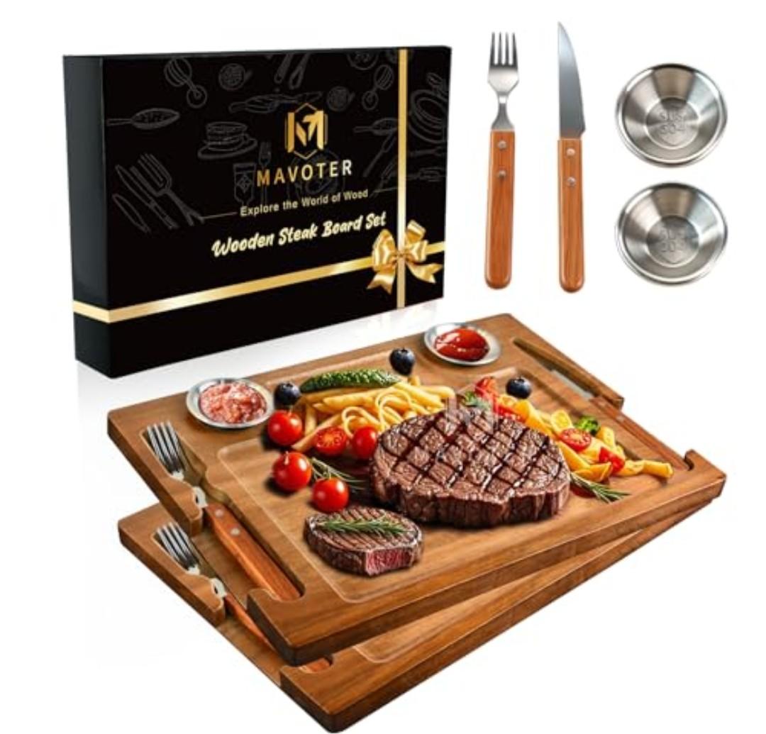 Acacia Wooden Steak Plates Board for Eating Set of 2,15.7" Meat Cutting Boards for Steak Food Serving Tray with Fork, Knife & Ramekins,Charcuterie Platter for Kitchen, BBQ & Entertaining