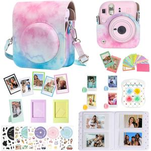 CAIYOULE Accessories for Fuji Instax Mini 12 Camera, Accessory Bundle Include PU Leather 12 Case, Mini Picture Album, Frames, DIY Stickers, Color Filter (No Camera) - Blue Pink Watercolor