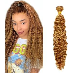Deep Wave Bundles Human Hair 18 Inch Color 27/30 Honey Blonde Brown Highlight Single Bundle Brazilian Virgin Human Hair Bundles Deep Wave 100g Per 1 Bundle Hair Extensions For Black Woman