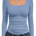 Trendy Queen Womens Long Sleeve Shirts Crop Tops Fall Fashion Solid Square Neck Going Out Basics Tees Y2k Clothes, S