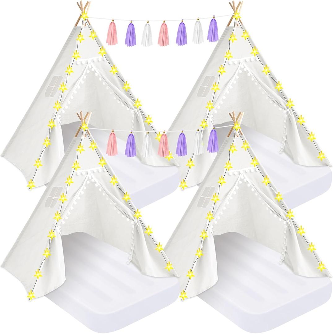 PLULON 4 Pack Teepee Tent for Kids Slumber Party Tents for Girls Sleepover with Inflatable Airbed and Decorations White Play for Birthday Party Christmas Birthday Gift for Kids