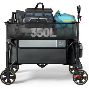 TIMBER RIDGE 350L Extra Large Collapsible Folding Wagon Carts with Brake, Heavy Duty Outdoor Camping Utility Wagons with Extended Height, Adjustable Handle, Cup Holders, Side Bag (Gray) (Wheel with Brake)