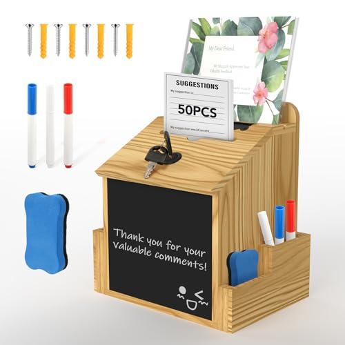 Suggestion Box with Acrylic Sign Holder, Locking Donation Box for Office Feedback,Donation, Ballot & Fundraising, Wooden Comment Box for Office, Events, Countertop or Wall Mount