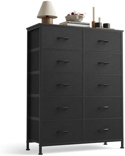 Sweetcrispy 10 Drawer Fabric Dresser Storage Tower with Bins, Tall Chest Organizer for Bedroom Closet Hallway, Steel Frame Wood Top Easy Pull Handles,Black