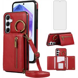 Asuwish Compatible with Samsung Galaxy S24/S25 5G Wallet Case with Tempered Glass Screen Protector and Crossbody Shoulder Strap Card Holder Cell Phone Cover for S 24 24S 25 25S G5 SM-S931U Women Red