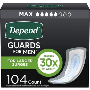 Depend Guards Incontinence Pads for Men, Maximum Absorbency, 104 Count (2 Packs of 52), Packaging May Vary