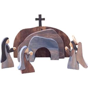 Empty Tomb Easter Scene and Cross Decoration Wooden Jesus Nativity Christ Statue Christian Easter Tray Decor for Home Office Tabletop
