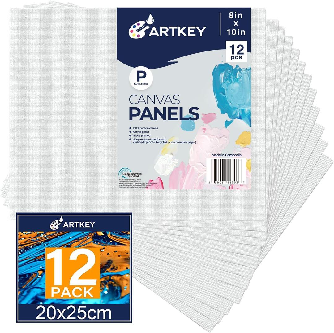 Artkey Canvases for Painting 8x10 Inch 12-Pack, 10 oz Primed 100% Cotton White Blank Canvas Boards for Painting, Art Supplies Paint Canvas Panels for Acrylic Oil Watercolor Tempera Paints