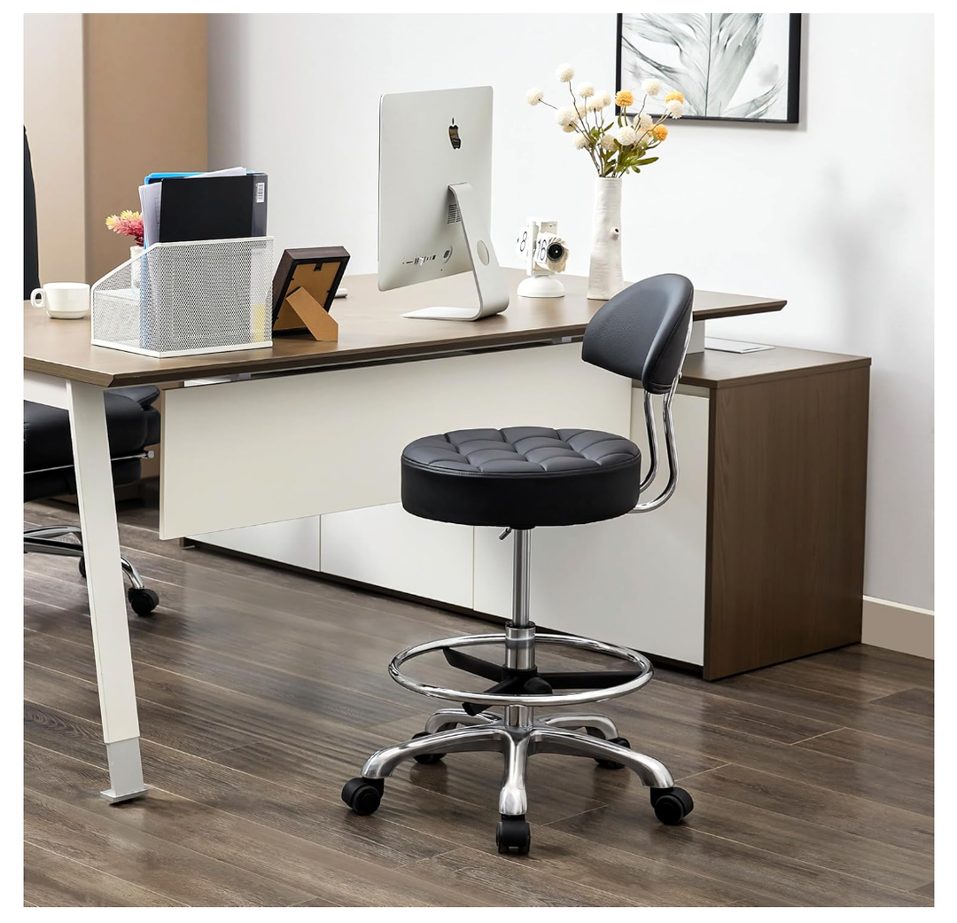 FIRAVOE Ergonomic Drafting Chair (Adjustable Height 20-27 inch) (Quiet Wheels and Aluminum Base) Black Work Stools with Wheels (Black)