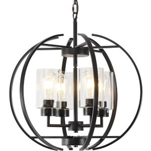 Black Chandelier Lighting with Clear Glass for Dining Room, Farmhouse Hanging Lighting, 4 Lights Globe Ceiling Light Fixture