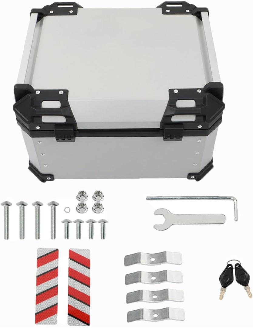 55L Motorcycle Top Case Tail Box with Backrest and Mounting Plate Hard Aluminum Alloy Watertightness Security Lock Against Theft Silver Metal Trunk Tour Tail Case