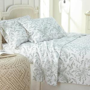 Southshore Fine Living, Inc. Winter Brush, 15-Inch White Floral Sheets Queen, 4-Piece Floral Sheet Set, Deep Pocket Sheets, Printed Queen Sheet Set, White with Green Flowers