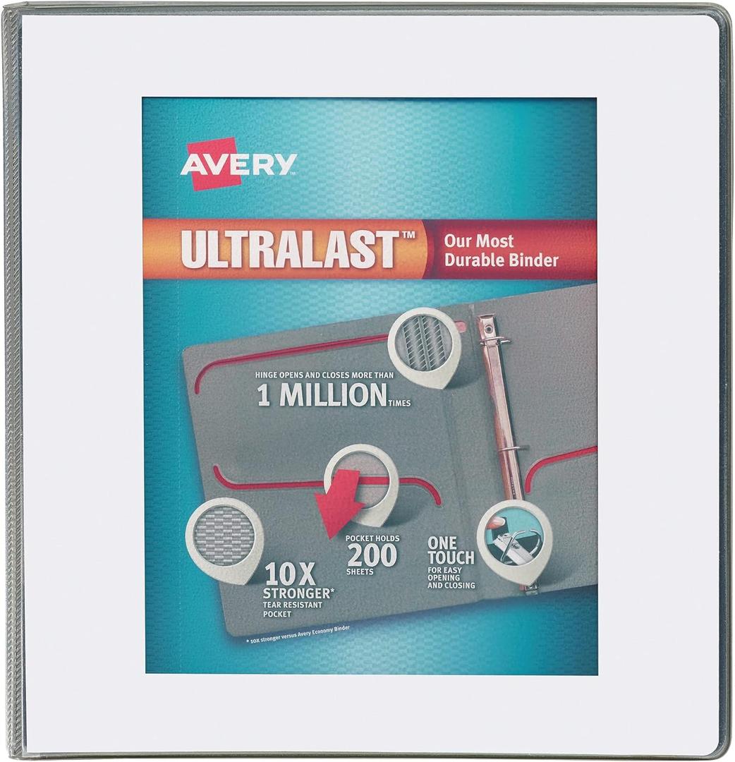 Avery Ultralast 3 Ring Binder, 1.5 Inch Slant Rings, Color Will Vary, 1 Binder (79738), White