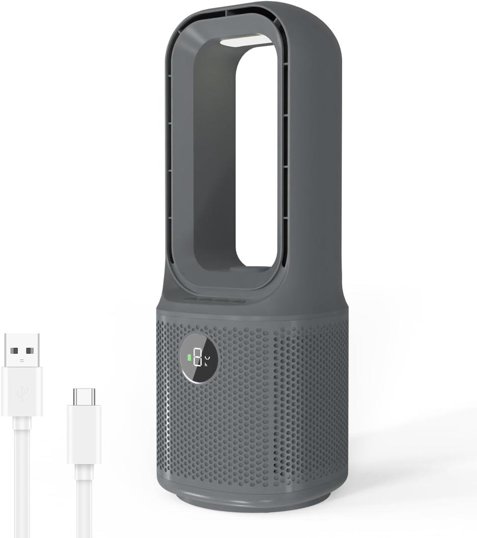 Desk Fan Bladeless, 14 Inch USB Rechargeable Tower Fan with 9 Speed Adjustable, 3 Light, 60 Oscillating, 9H Timer, 5000mAh Battery Cooling Small Table Fan for Bedroom, Office, Nightstand, Grey