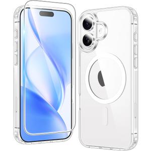 FNTCASE for iPhone 16 Case: Clear Magnetic Military Grade Drop Protection Anti Yellowing Slim Case - Rugged Shockproof Protective Transparent Cell Phone Cover(Clear)