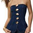 Milumia Women's Metal Button Front Denim Tube Top Elegant Sleeveless Bandeau Tops (XS)