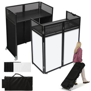 LUCKUP Portable DJ Facade Booth Table with Wheels, 41L x 20W DJ Stand Facade with Adjustable Feet, 2-Color Scrims & Carry Bag, Foldable DJ Booth for Weddings, Parties, Mobile DJs