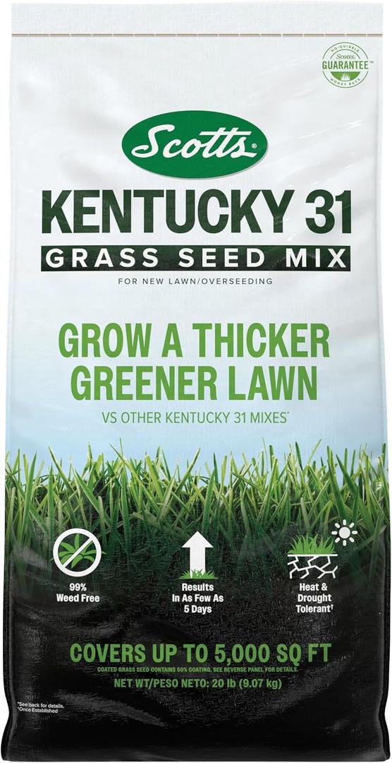 Scotts Kentucky 31 Grass Seed Mix - Premium Lawn Grass Seed, Covers Up to 5,000 sq. ft., 20 lb (EXP 12/31/26)