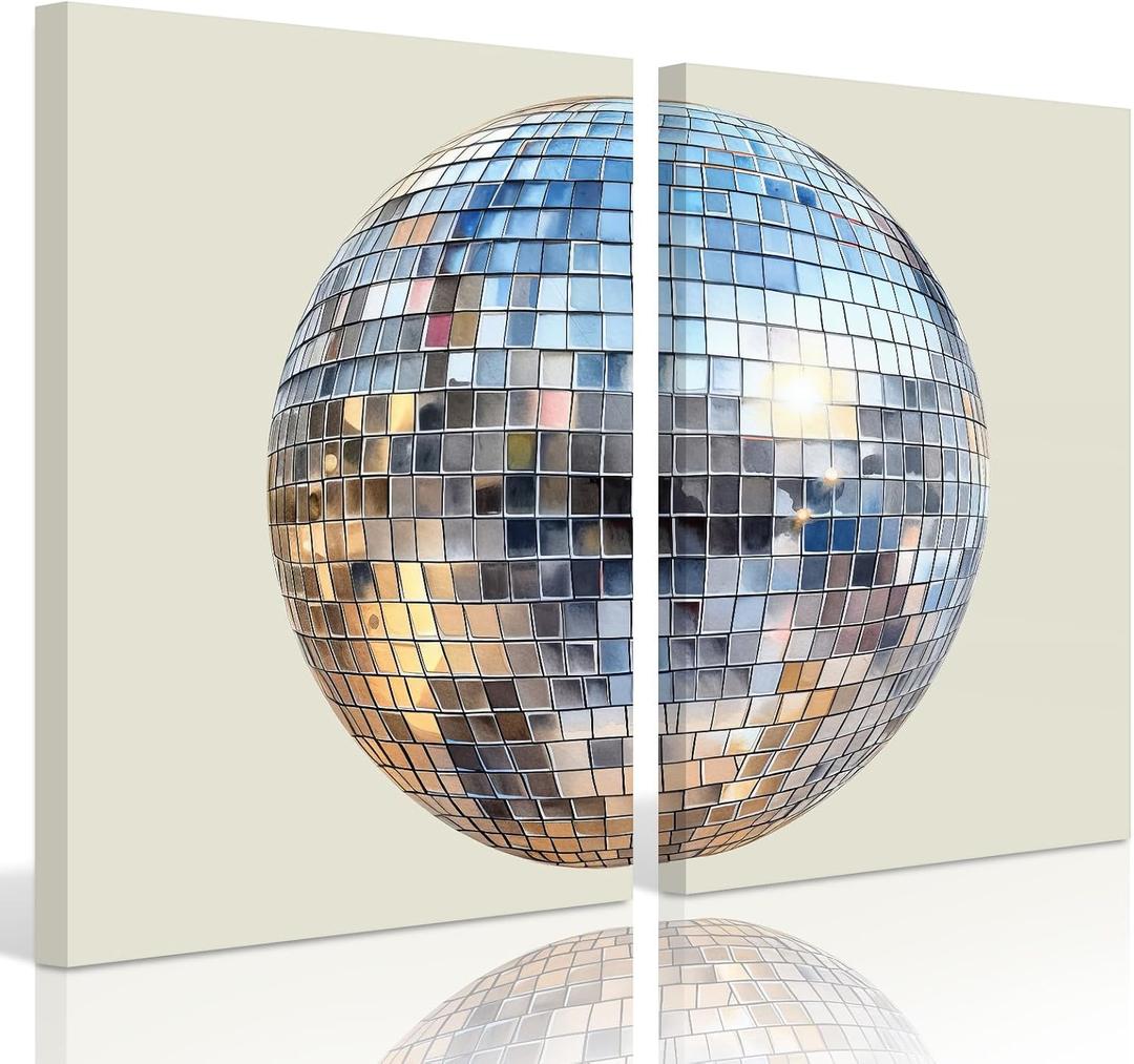 Baccone Disco Ball Wall Art Aesthetic Preppy Canvas Wall Decor Disco Ball Poster Funky Wall Art Trendy Prints Retro Art Girly Pictures for Living Room Bedroom 16x24 Inch Wrapped Canvas Set of 2