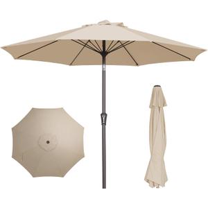 PatioKingdom 9FT Patio Outdoor Umbrella-UPF 50+ Sun Shade with Wind Vent, Push-Button Tilt & Smooth Crank Lift, Rust-Resistant Fiberglass Frame for Garden, Backyard,Yard (Beige)