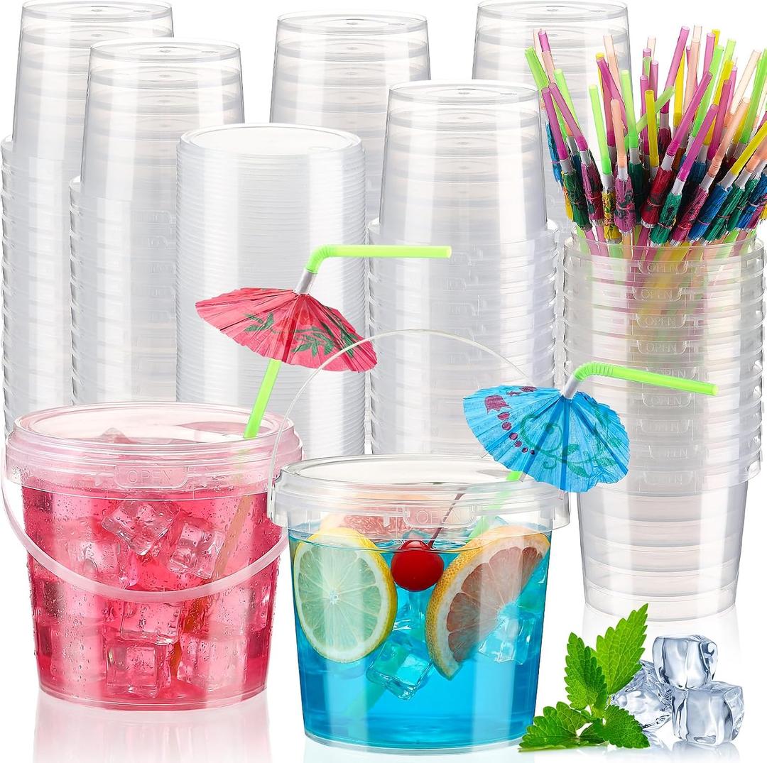 Funnymoom 60 Pack 25 oz Clear Plastic Drink Buckets with Umbrella Straws Reusable Clear Drink Cup Cocktail Rum Ice Cream Beverage Containers with Lids Handles for Tropical Summer Party Beach Pool