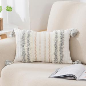 decorUhome Summer Decorative Boho Throw Pillow Cover 12x20, Lumbar Accent Neutral Textured Tufted Pillow Cover Striped for Couch Bed Sofa, Light Grey and Cream White, Pack of 1