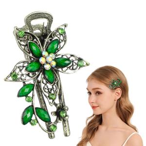 LALAFINA Vintage Flower Rhinestone Crystal Barrettes Retro Hairpins Hair Accessories for Women, Green