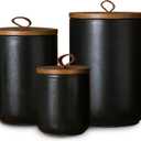 JOJUNO Black Ceramic Canister Set with Wooden Lid, 3-Piece Airtight Food Storage Jars for Kitchen Counter - Flour, Sugar, Coffee, Tea, Spice - Small, Medium, Large Sizes (12/30/48 oz/Black)
