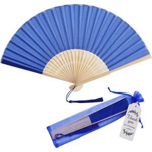 50 sets Imitated Silk Hand Fan with Tassel and Organza Bags and Thank you tags Fabric Handheld Folding Fans Bamboo Frame Bridal Dancing Props Wedding Party Favors (Royal Blue)