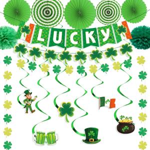 St. Patricks Day Party Decorations Set, Green Lucky Theme Decor with LUCKY Banner, Clover Hanging Swirls with Cutouts, Paper Fans & Tissue Pom Poms, Party Supplies for Home Office Classroom