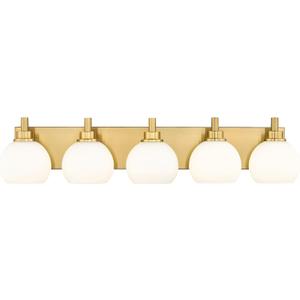 METWET 5-Light Brushed Gold Bathroom Vanity Light, Milk White Glass Globes | Ideal for 36-48" mirrors, 32" modern bathroom light fixtures over mirror, E26 base, bulbs not included, VL195-BG-ML-5