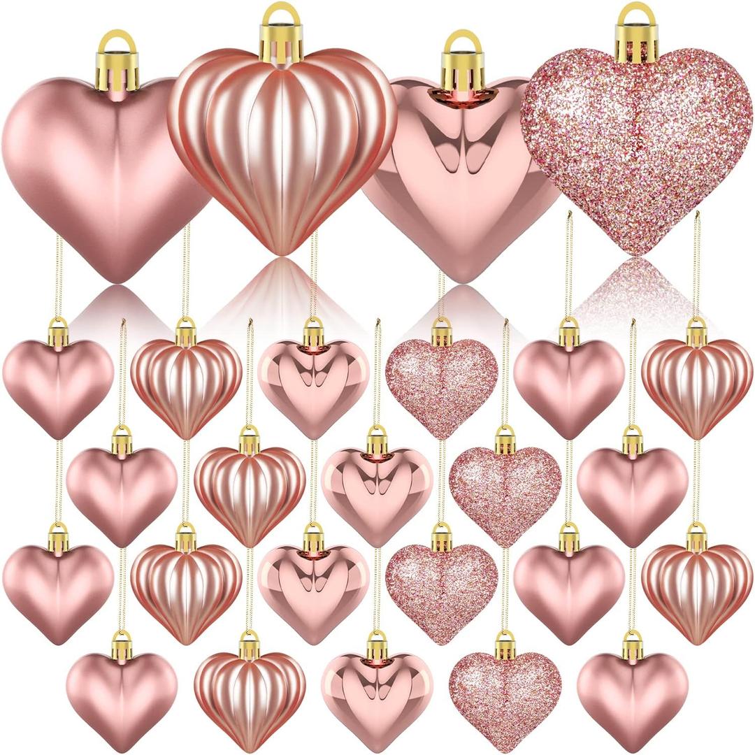 36Pcs Valentines Day Decor Heart Ornaments Rose Gold Heart Shaped Baubles Ornaments for Valentine's Day Hanging Decorations or Wedding Anniversary Party Supplies Home Tree Decorations (4 Styles)