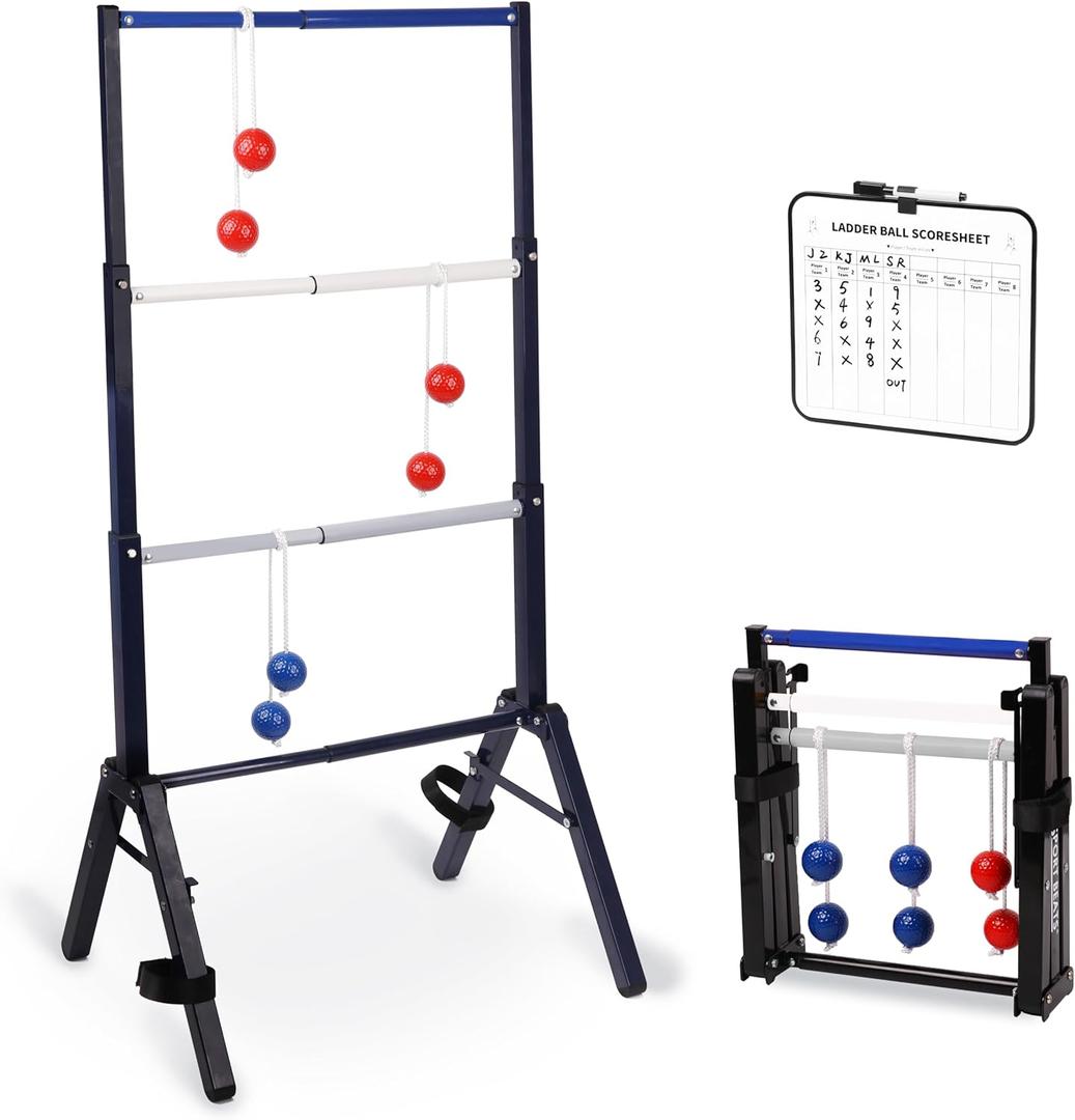 Outdoor Games Ladder Ball Set - Patented Assembly Free Portable Ladder Toss - Steel Frame Includes Carrying Case, 6 Bolas and Scoresheet (Navy & White)
