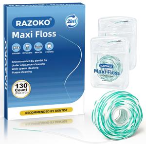 RAZOKO Threader Floss for Braces,Implants,Bridges-130 Count Pre-Measured Strands 2-in-1 Expanding Waxed Dental Floss for Deep Clean,Gentle for Adults & Kids,Light Mint Flavored