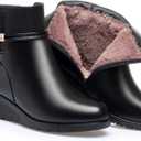 Women's Black Wedge Heel Ankle Booties Soft Leather Platform Side Zipper Sparkling Rhinestones Winter Warm Fur Lined Thickening Snow Boot (10)