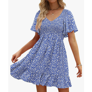 Womens Cute Floral Smocked V Neck Flutter Sleeve Sundress with Pockets Casual Spring Summer Dresses for Women 2025, Medium 