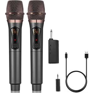 ALPOWL Wireless Microphones, Metal Dynamic Microphone System with Rechargeable Receiver, 50H Duration, 200ft Range, Microphone for Karaoke Singing, Wedding, DJ, Party, Speech, Church (Gray)