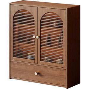 Bamboo Countertop Cabinet with Acrylic Doors, 15.7W x 18.5H x 5.9D inches, Kitchen Storage Display Case with Drawer, Arched Design (Brown), 15.7*5.9*18.5IN