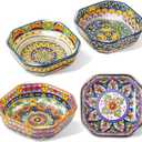 Boho 8 Oz Dipping Sauce Bowls, 4.3 Inches Ceramic Soy Sauce Dish, Bohemian Small Plates 4 Inch,Square Side Dishes, Small Appetizer Plates Set of 4, Colorful Dip Bowl, Microwave, Dishwasher, Oven Safe