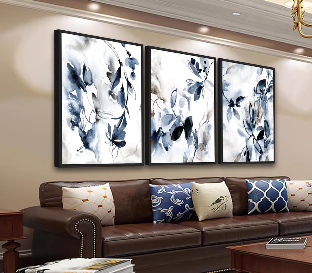 Large Framed Canvas Wall Art - Abstract Floral Wall Decor, Navy Blue Flowers Pictures, Ink Wash Botanical Painting Prints for Living Room Bedroom Office Bathroom Artwork 24" X 36" X 3 Pcs