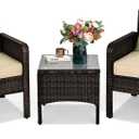 HAPPYGRILL 3 Pieces Patio Furniture Set Outdoor Rattan Wicker Coffee Table & Chairs Set with Seat Cushions Patio Conversation Set for Garden Balcony Backyard Poolside (Beige)