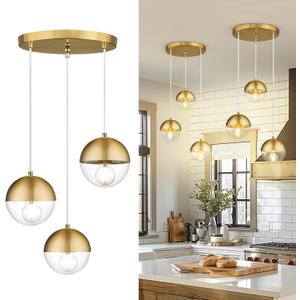 LMS Brushed Gold 3-Light Cluster Pendant Lights, Modern Kitchen Island Lighting with Clear Globe Glass Shade, Adjustable Hanging Cord Ceiling Light for Home Office Bathroom Dining Room, LMS-186BGC3